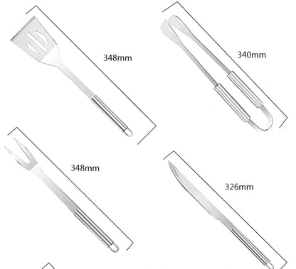 Silver 10-piece stainless steel BBQ tool set with shovel, fork, clip, strings, brush, and tote bag, sized 40x16.5x6cm for outdoor use