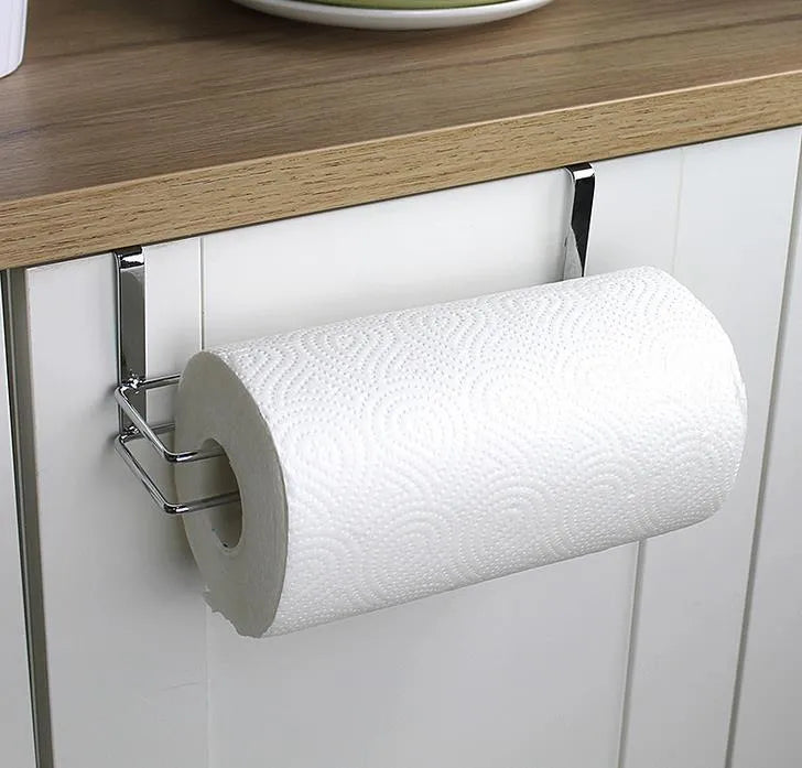 Cabinet door back paper towel rack made from stainless steel measuring 26 x 6.5 x 9 cm, providing a no installation needed kitchen storage solution for hanging paper towels, tea towels, or other small items in a silver finish.