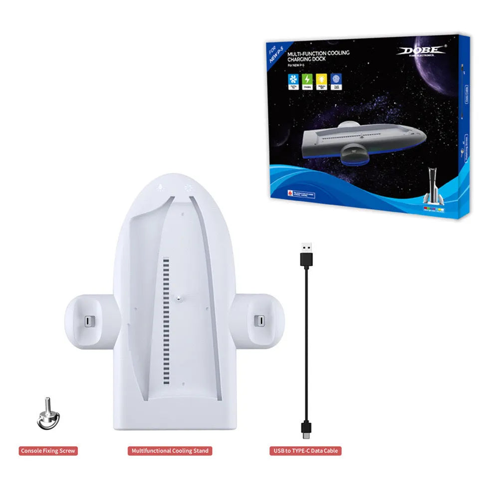 White PS5 Slim multi-function charging dock with cooling fan and RGB ambient lighting.