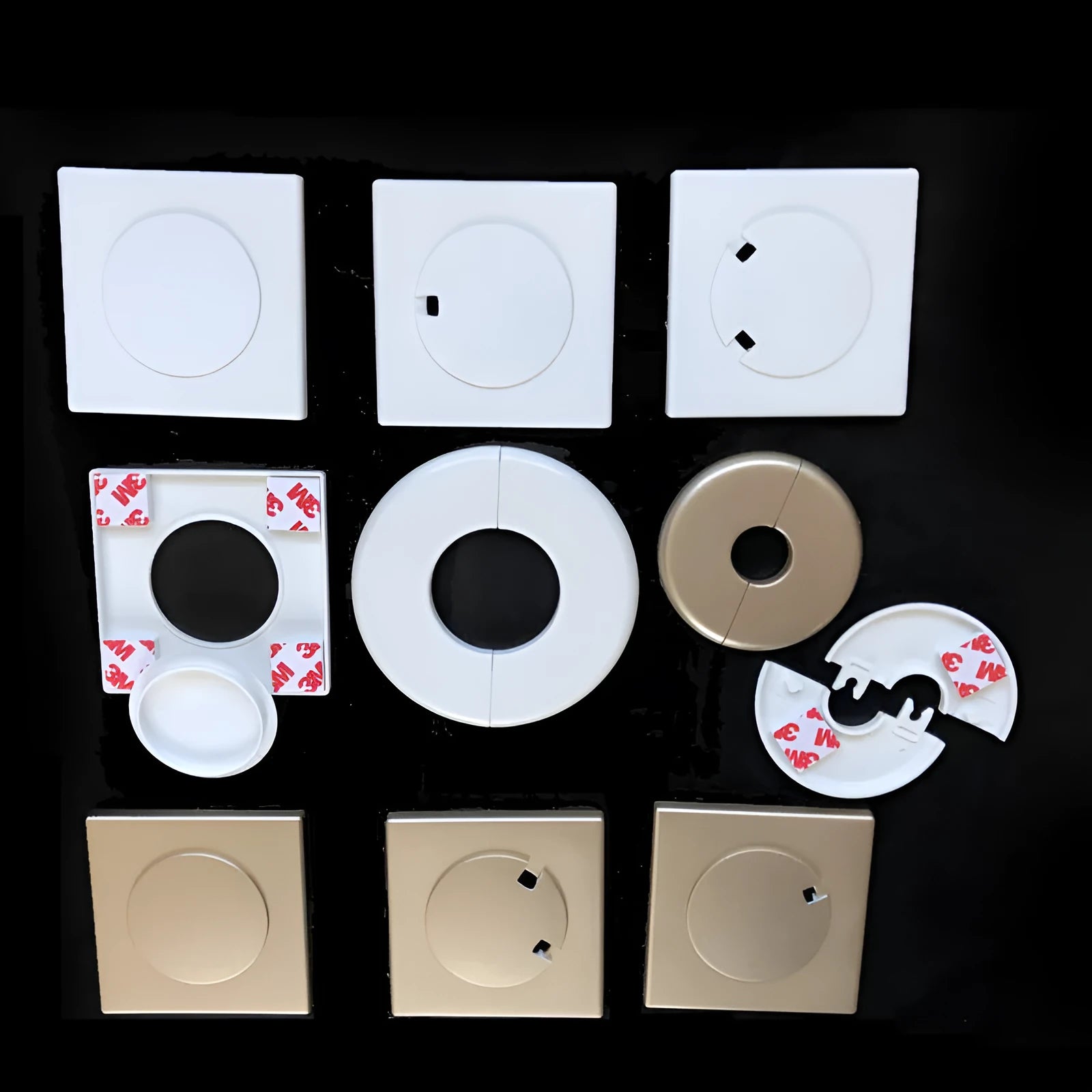 White ABS decorative covering ring for wall holes with adhesive backing in various styles and sizes