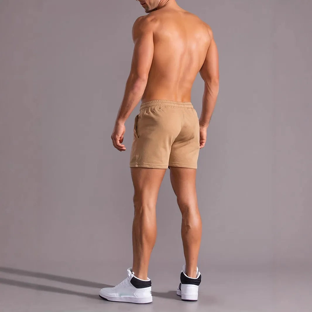 Men's khaki coconut print sports shorts with straight leg and elasticated waistband