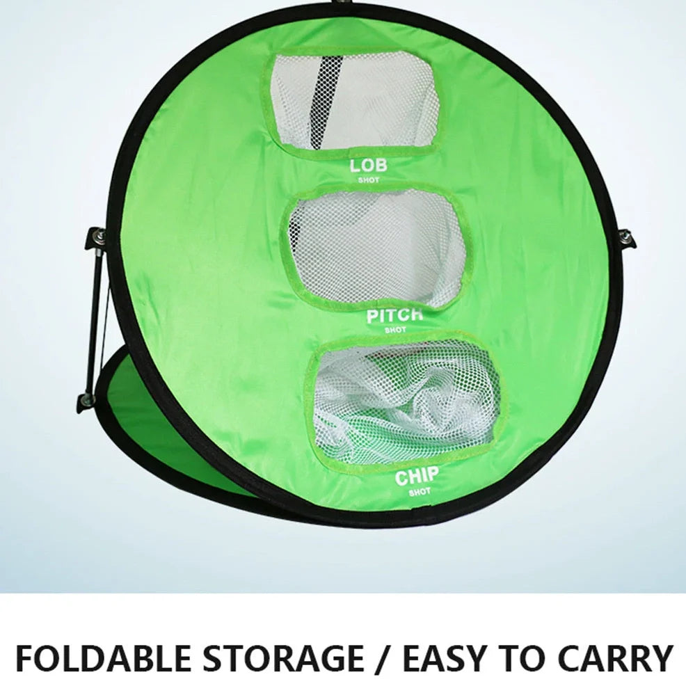 Green folding golf practice net measuring 57cm wide by 50cm high with fiberglass frame