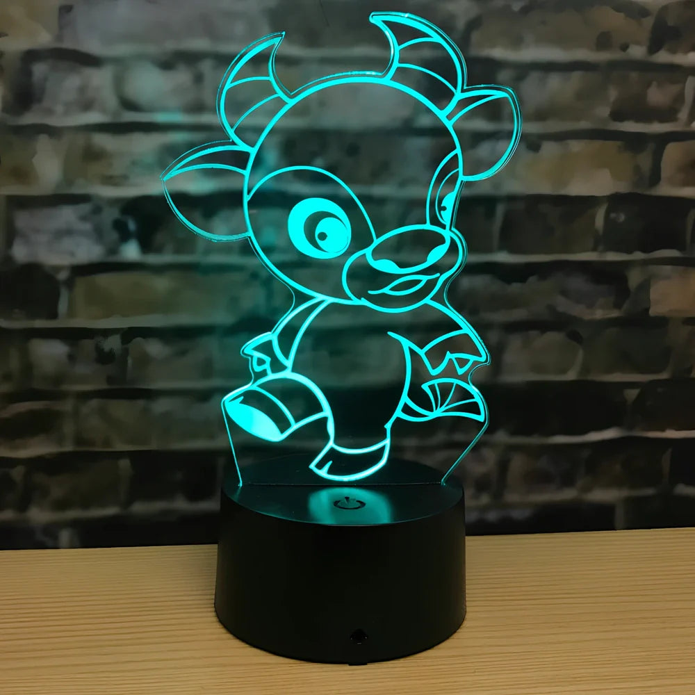 Zodiac LED night light in ox model on ABS base, showing touch-activated seven colours and 87x87x41mm dimensions
