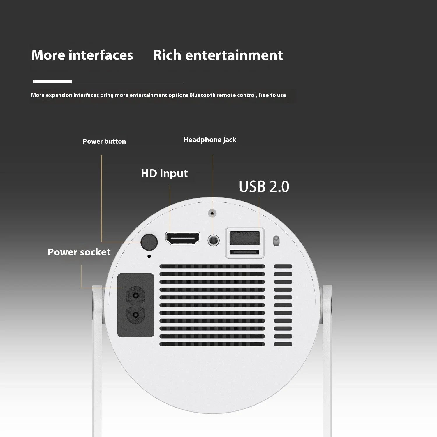Portable home theater projector with 180-degree rotation, automatic focus, and wireless connectivity for an immersive viewing experience