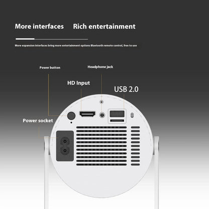 Portable home theater projector with 180-degree rotation, automatic focus, and wireless connectivity for an immersive viewing experience