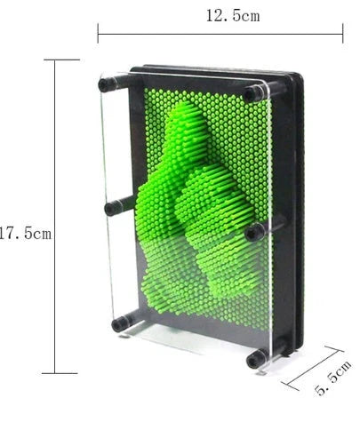 A customizable 3D sculpture impression frame with an array of pins that can capture the contours of any object pressed into it.