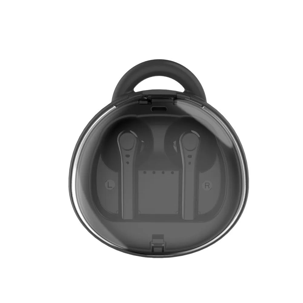 Macaron Red true wireless Bluetooth 5.0 headset with in-ear design showing battery display