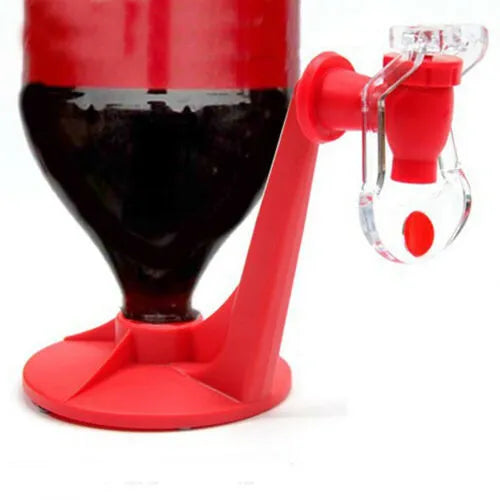 Red ABS plastic soft drink dispenser mounted on inverted beverage bottle