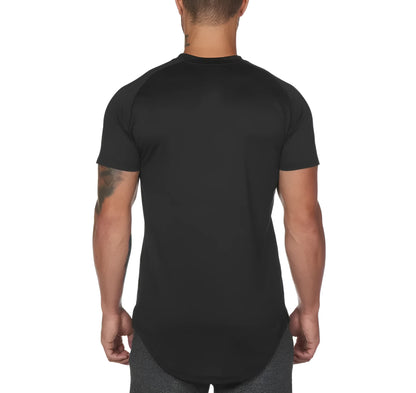 Men's plain grey gym shirt, blouse style, on a hanger showing relaxed fit and cotton-spandex fabric.