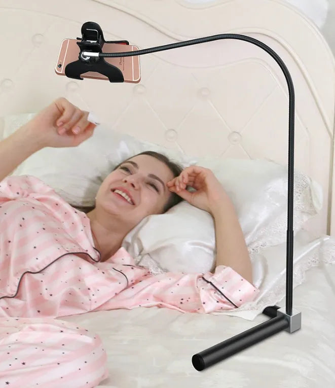 Mobile phone bed bracket with overhead shelf for bedside TV viewing in black and white colour options