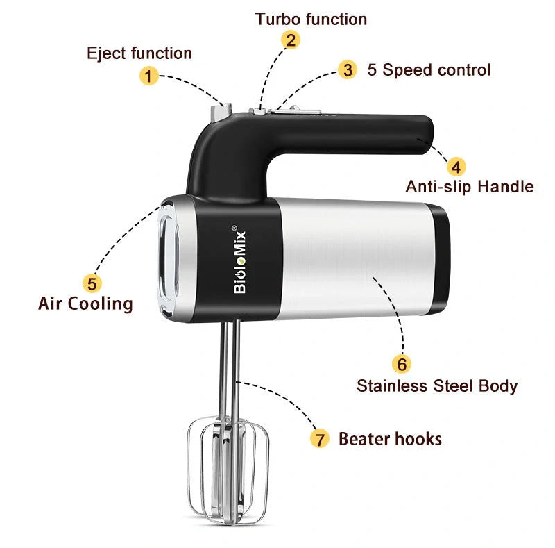 500W Electric Hand Mixer with 5 speed controls and turbo function for kitchen use