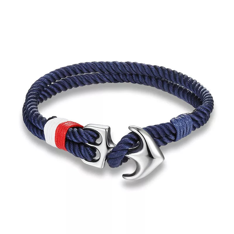 Men's nautical anchor bracelet with survival paracord rope and metal hooks