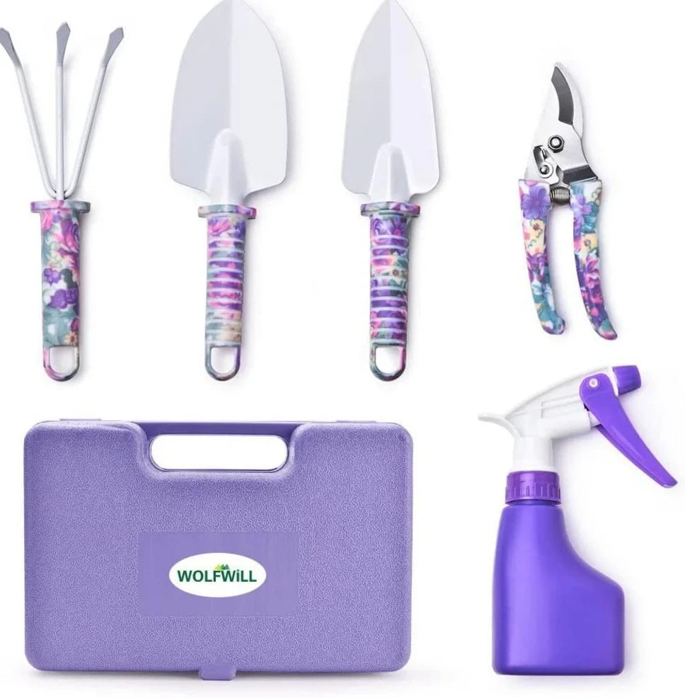 Purple-handled 10-piece rust-proof gardening tool set with anti-rust coating