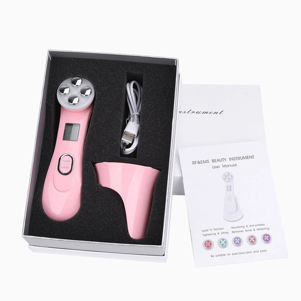 EMS radio frequency beauty instrument for skin rejuvenation in white, pink, and black