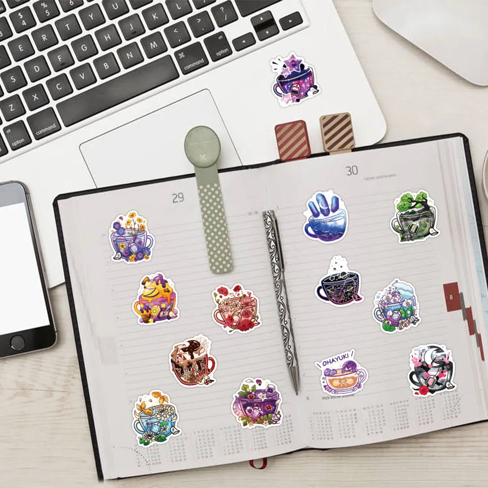 Colourful tea cup graffiti waterproof stickers in a 50-piece set for DIY personalisation of luggage and scooters