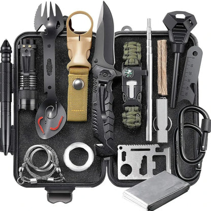 Outdoor survival kit with alloy tools and plastic components in multiple colour options