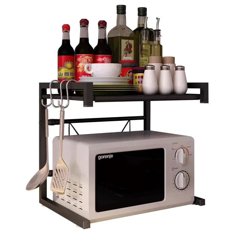 Retractable metal kitchen microwave rack with 2-layer shelf design for countertop organisation