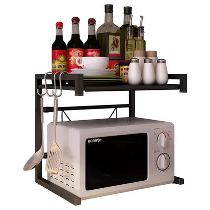 Retractable metal kitchen microwave rack with 2-layer shelf design for countertop organisation