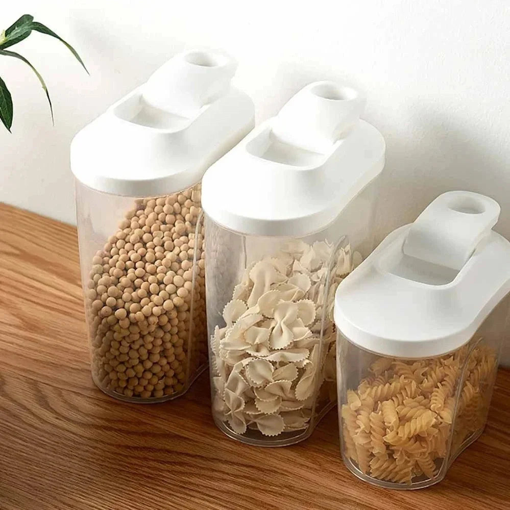 Clear plastic kitchen storage containers in 1000ml and 1500ml sizes for beans and grains