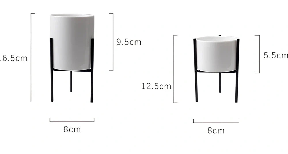 Black iron frame with white ceramic succulent flowerpot in 12.5cm and 16.5cm diameter sizes