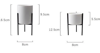 Black iron frame with white ceramic succulent flowerpot in 12.5cm and 16.5cm diameter sizes