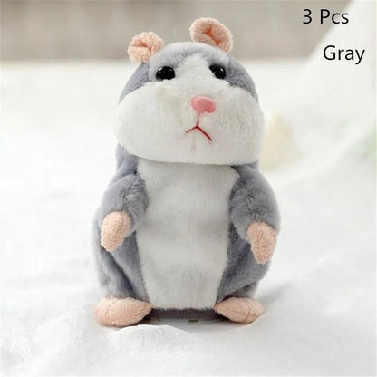 15cm talking hamster plush toy with repeat function in light brown, dark brown, and grey