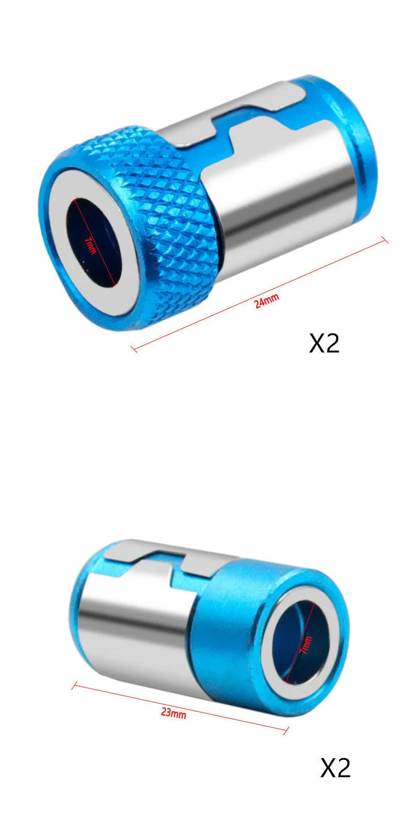 Light blue magnetic screwdriver bit with slotted head and magnetic ring for metric screws