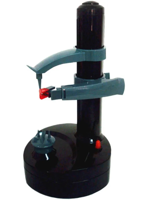 White electric fruit and vegetable peeler with stainless steel blades on a non-slip ABS base, showing adjustable needle and food holders