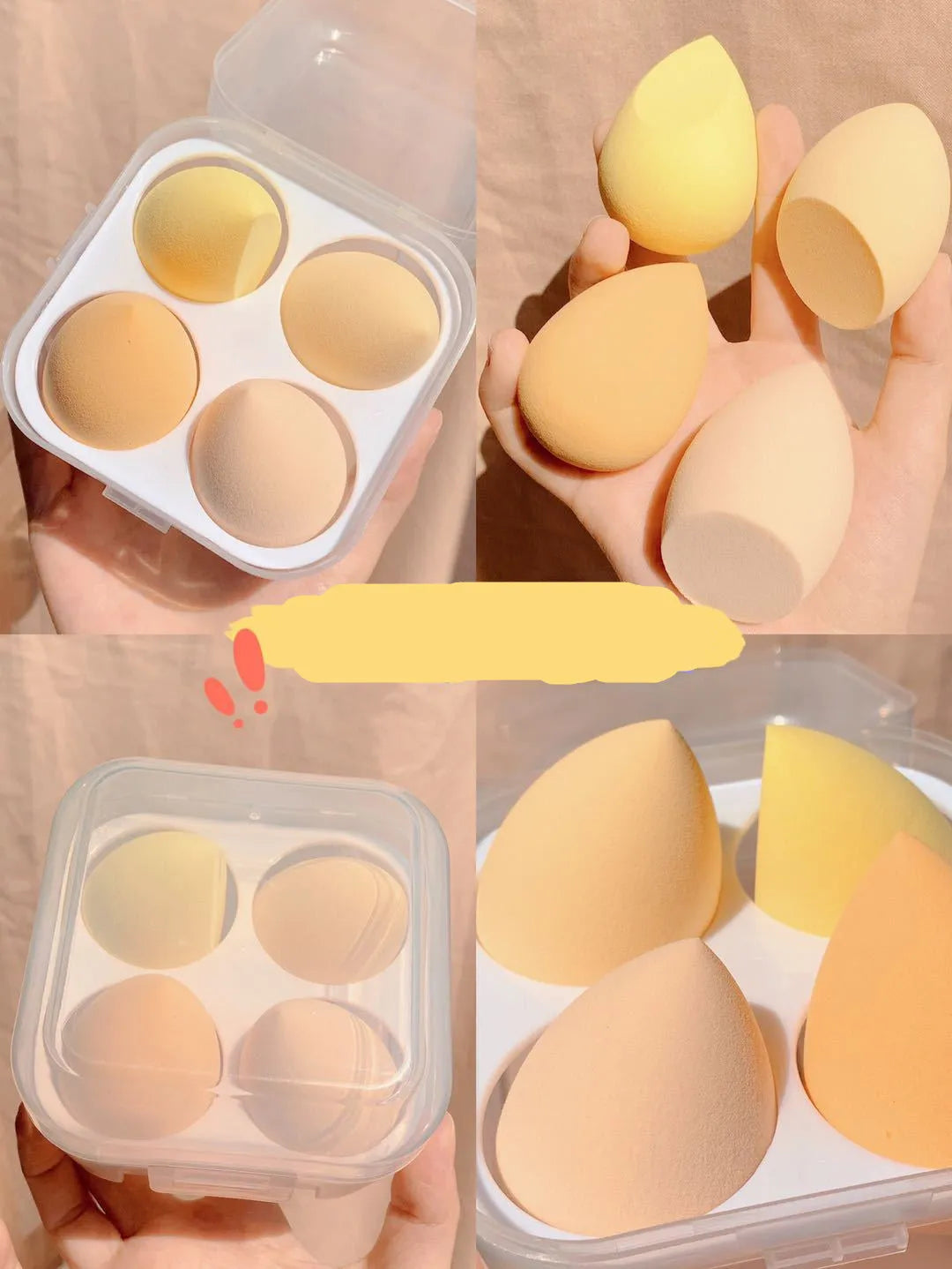 Four colourful synthetic makeup sponge eggs in a box, each measuring 6 cm.