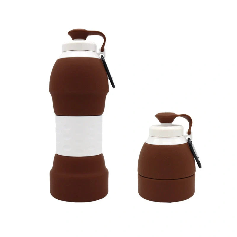 Collapsible silicone water bottle in various colours, perfect for travel and outdoor activities