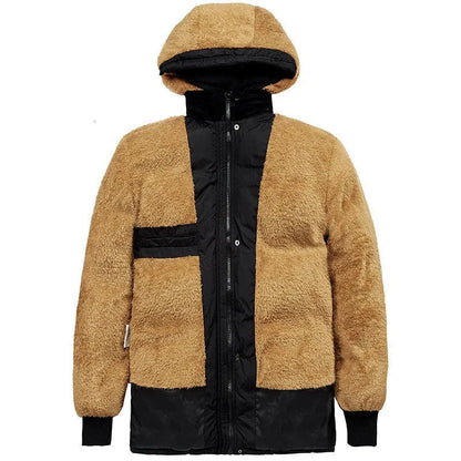 Men's black loose-fit hooded velvet winter jacket with a double-breasted front.