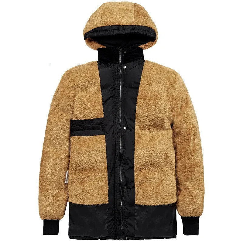 Men's Winter Velvet Padded Jacket, Hooded Double-Breasted Loose Fit Jacket with Thick Velvet Fabric in Multiple Patterns Including Stripes, Lattice, Solid Colours, Camouflage, Floral and Dots for Sports and Casual Wear