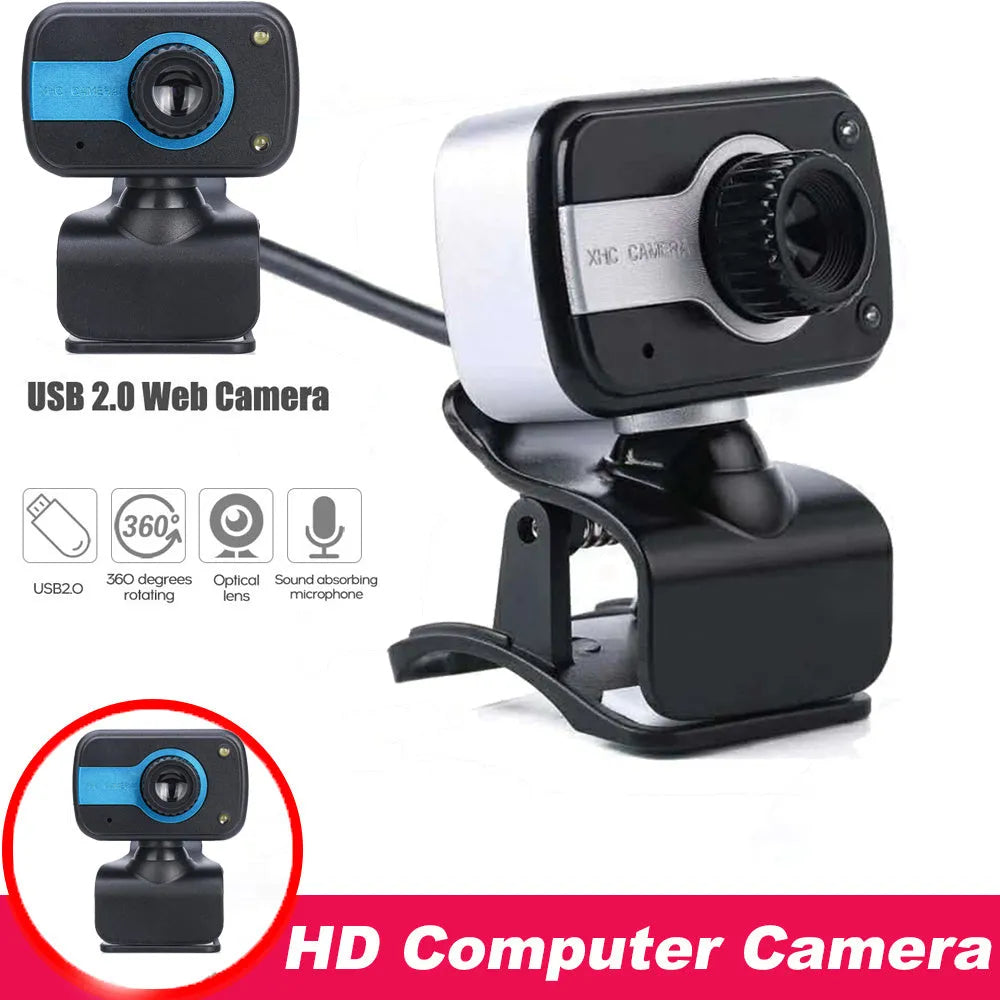 Blue mini USB webcam with a 1.45m cable showing its 360-degree rotating head on a laptop.