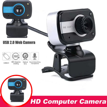 Blue mini USB webcam with a 1.45m cable showing its 360-degree rotating head on a laptop.