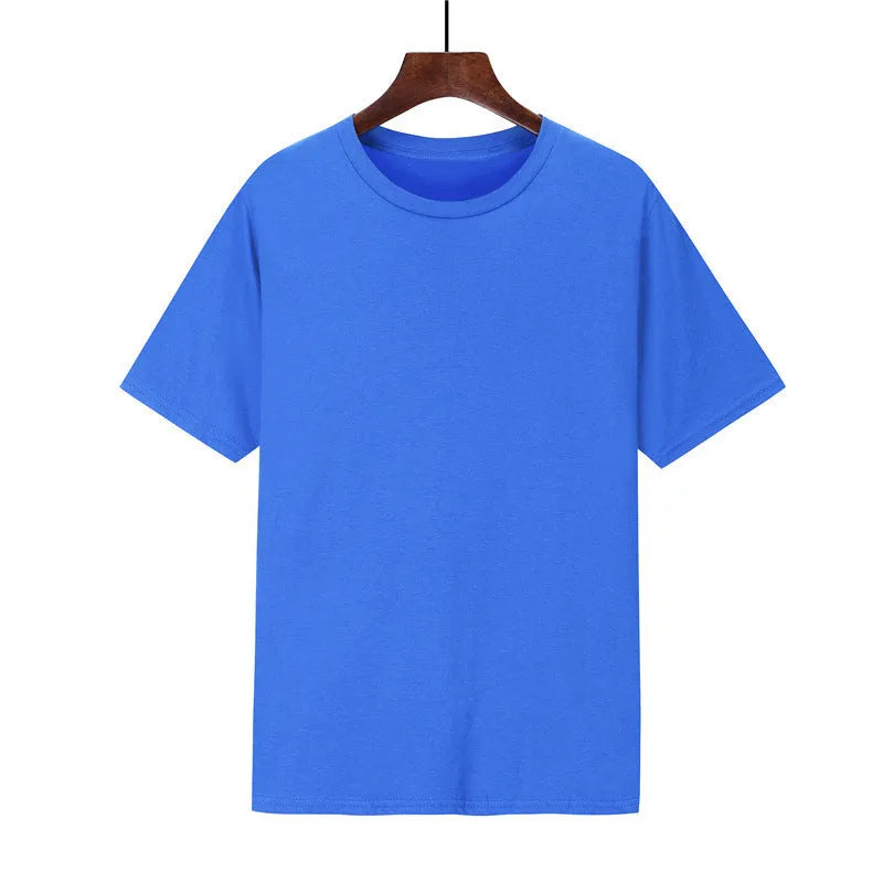 A man's loose-fitting black cotton T-shirt with short sleeves on a hanger.