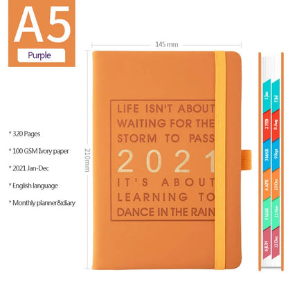 Daily planning clocking table calendar with imitation leather cover in blue, pink, red, yellow, or light blue.