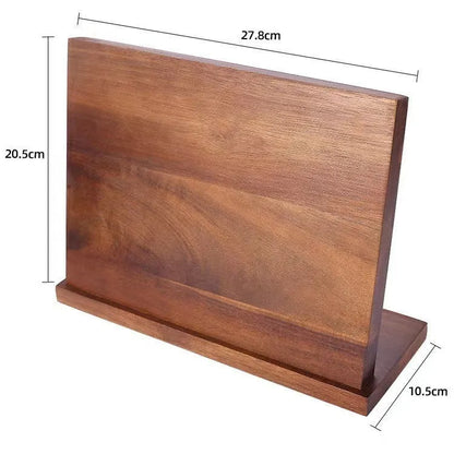 Solid wood magnetic knife holder in wood colour for kitchen storage.
