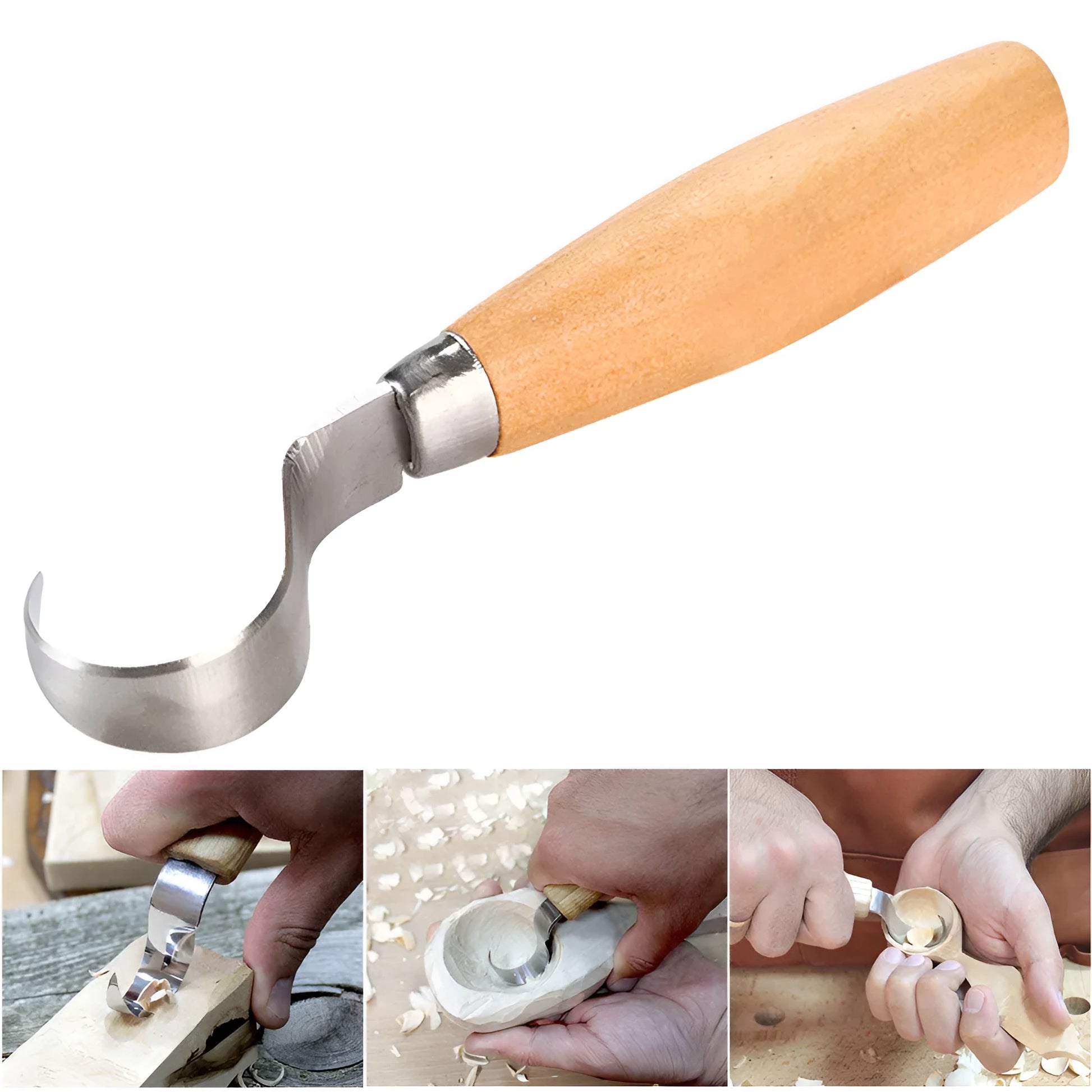 FastCraft curve carving knife with stainless steel blade and wood handle for woodworking.