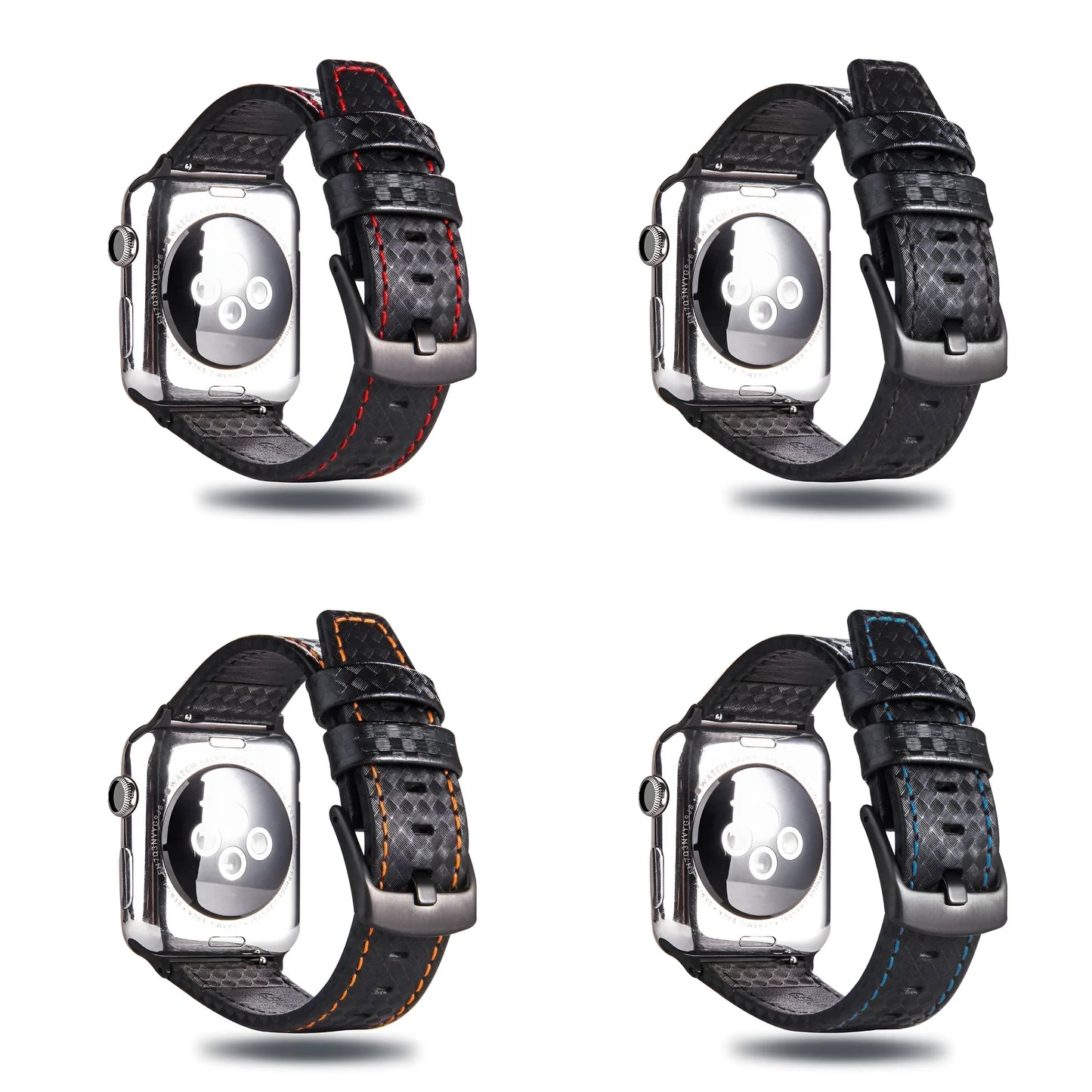Leather Apple Watch strap with carbon fibre pattern case in red, black, orange, and blue colour options.