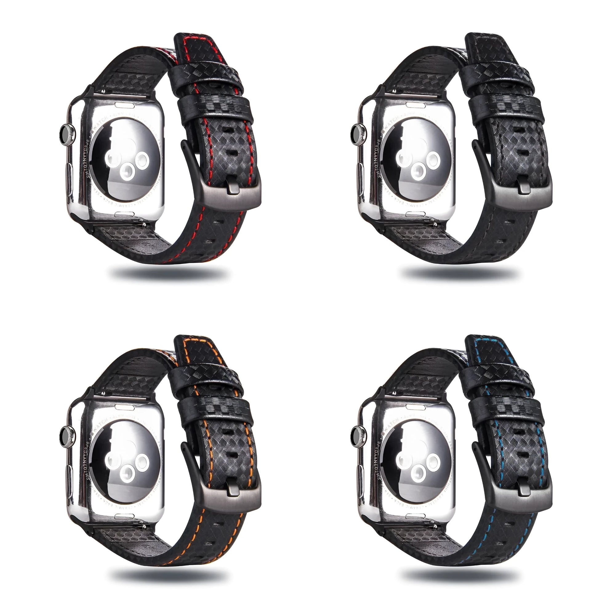 Leather Apple Watch strap with carbon fibre pattern case in red, black, orange, and blue colour options.