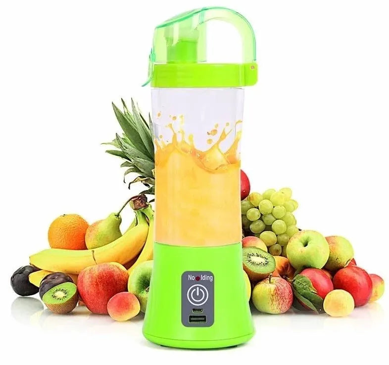 Blue handheld electric fruit juicer with USB port, 400ml cup, and blending blades on a kitchen counter