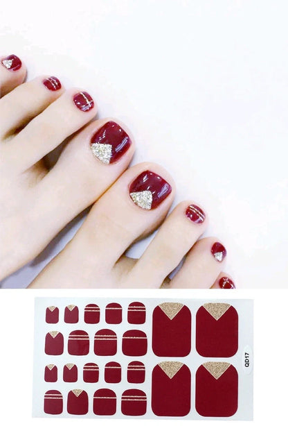 Waterproof foot nail sticker sheet in pink, silver, wine red, and yellow colours measuring 10cm × 15cm
