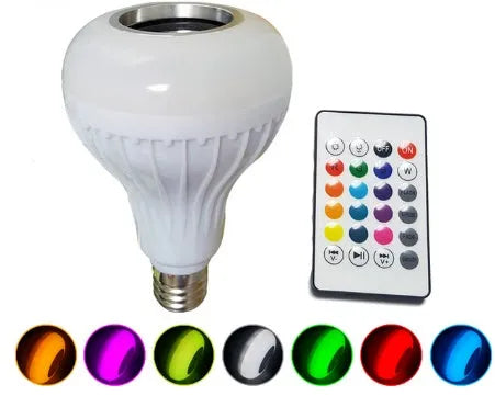 White smart Bluetooth LED bulb speaker with E27 base and remote control for RGB lighting