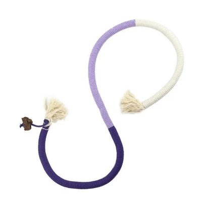A 70cm long cotton string cat bite rope toy in three colour options: purple, orange, and red with green.