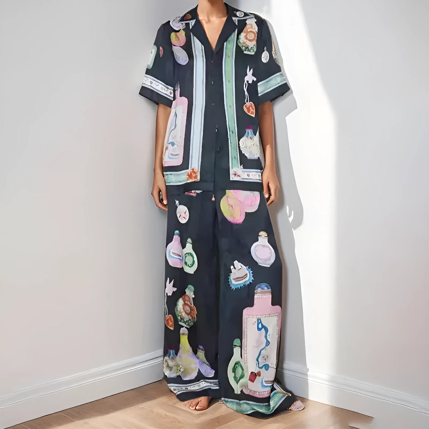 Black women's cardigan and trousers set with cartoon animation print, sizes S to 3XL
