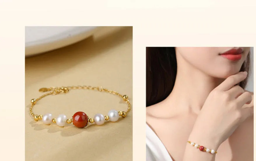 Yellow retro bracelet with red bean pearls and cinnabar on 925 silver with free size adjustment
