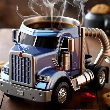 Resin semi-truck shaped coffee mug in orange colour with 11-ounce capacity