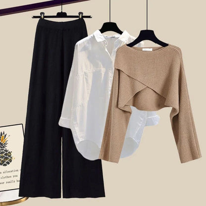 Women's 3-piece knitted sweater suit with shirt and wide-leg pants in grey and white
