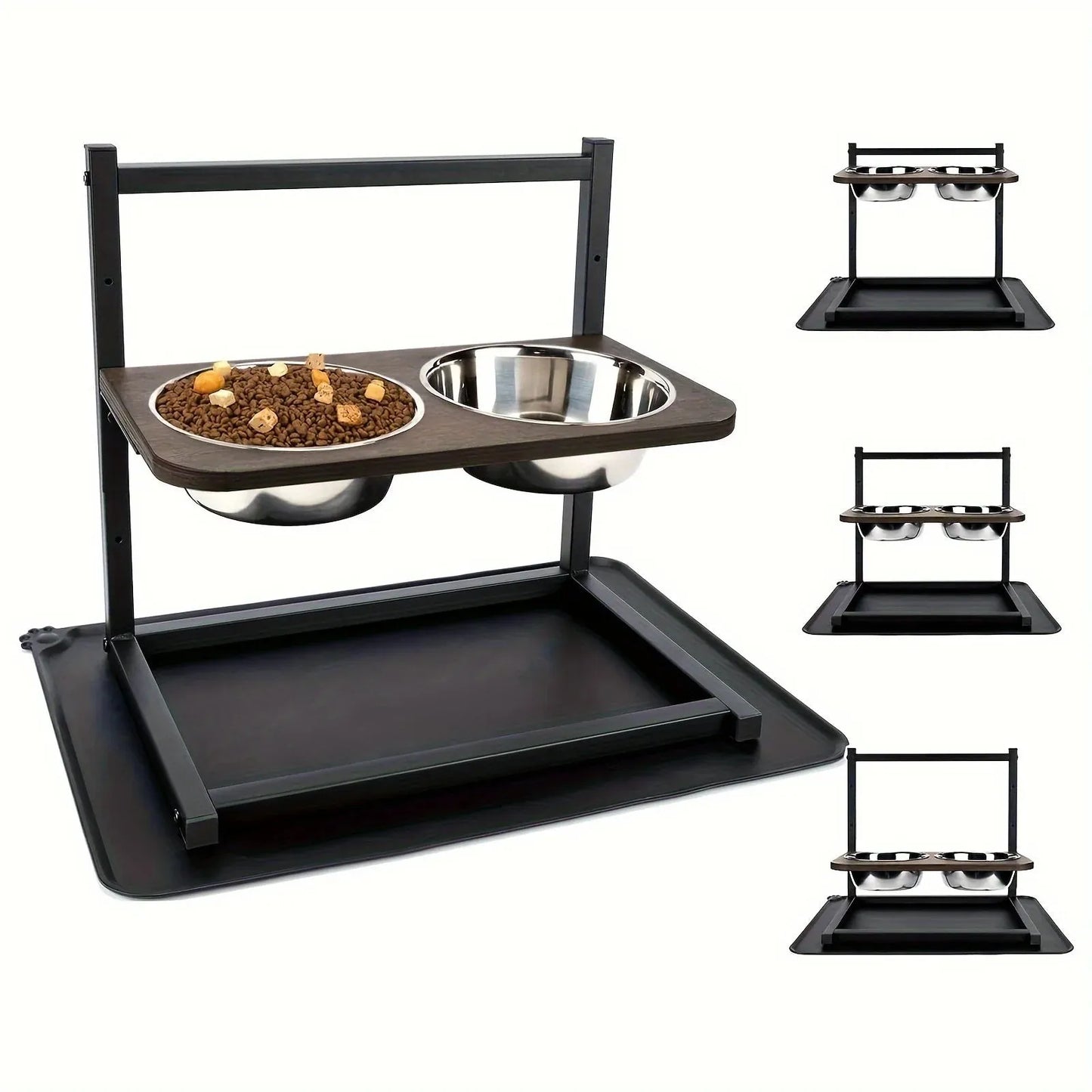 Black iron dog bowl rack holding two bowls for pet food and water