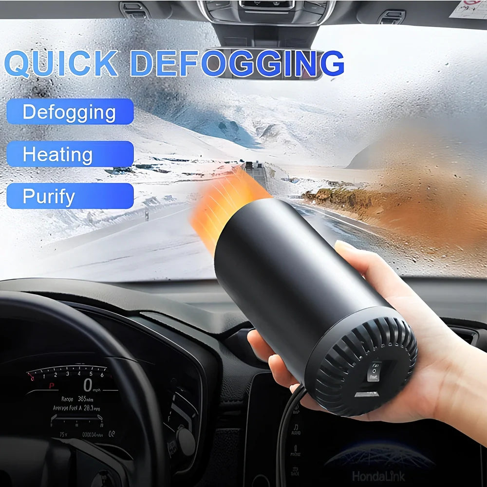 Black grey 12V car heater measuring 15cm × 7cm with 1.5m cable for windshield defogging